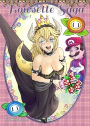 Rule 34 | armlet, black dress, blonde hair, blouse, blue gemstone, blue overalls, bouquet, bowsette, bracelet, breasts, cleavage, colored eyelashes, cover, cover page, crossed bangs, crying, dress, english text, fire flower, flower, gem, gold trim, hair down, half-closed eyes, highres, holding, holding bouquet, horns, ice flower, jewelry, mario, mario (series), nintendo, no bra, overalls, parted bangs, piranha plant, red shirt, shirt, spiked armlet, spiked bracelet, spikes, super crown, tail, thick eyebrows, tony kuusisto, | |