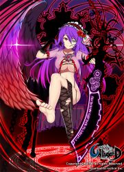 Rule 34 | 1girl, bad id, bad pixiv id, barefoot, blue eyes, breasts, cleavage, copyright name, elbow gloves, energy sword, feet, flower, gloves, hair flower, hair ornament, headdress, heterochromia, large breasts, long hair, mouth hold, no panties, parted lips, purple hair, ratio (ratio-d), red eyes, rose, solo, sword, thighhighs, unworn thighhighs, torn clothes, torn thighhighs, underboob, unleashed, weapon, wings