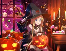 Rule 34 | 1girl, :d, alice zuberg, alternate costume, asymmetrical legwear, black hat, black shirt, black skirt, black sleeves, blonde hair, blue eyes, breasts, candle, cleavage, detached sleeves, game cg, grey thighhighs, halloween, halloween costume, hat, holding, holding wand, long hair, long sleeves, looking at viewer, medium breasts, miniskirt, open mouth, ponytail, shirt, sidelocks, single thighhigh, sitting, skirt, sleeveless, sleeveless shirt, smile, solo, sparkle, sword art online, thighhighs, very long hair, wand, witch hat