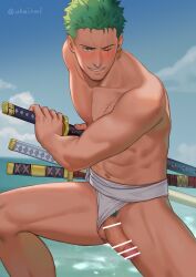 Rule 34 | 1boy, abs, bar censor, bara, blush, censored, colored pubic hair, cowboy shot, day, earrings, erection, fighting stance, fundoshi, green hair, highres, holding, holding sword, holding weapon, japanese clothes, jewelry, male focus, male pubic hair, male underwear, muscular, muscular male, navel, ocean, one eye closed, one piece, outdoors, pectorals, penis, penis slip, pubic hair, roronoa zoro, scar, scar across eye, scar on chest, scar on face, short hair, sideburns, single earring, smile, solo, sword, testicle peek, topless male, triple wielding, uhai, underwear, underwear only, weapon, white male underwear