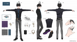 Rule 34 | 1boy, aqua eyes, arisaka ako, arms at sides, asymmetrical horns, belt, black belt, black footwear, black hair, black shirt, blue necktie, character sheet, closed mouth, collared shirt, company name, copyright notice, from side, grey pants, horns, long sleeves, looking at viewer, male focus, multiple views, necktie, nijisanji, nijisanji en, official art, pants, plaid, plaid pants, pointy ears, ren zotto, second-party source, shirt, shoes, short hair, standing, t-pose, turnaround, uneven horns, virtual youtuber