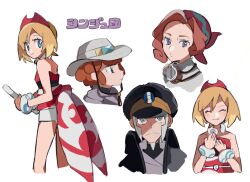 2boys 2girls black_eyes black_hat black_shorts blonde_hair blue_eyes bracelet closed_mouth creatures_(company) diving_mask diving_mask_around_neck flute frown game_freak goggles grey_eyes hairband hat highres holding holding_flute holding_instrument ingo_(pokemon) instrument irida_(pokemon) jewelry lian_(pokemon) multiple_boys multiple_girls neck_ring nintendo palina_(pokemon) peaked_cap pokemon pokemon_legends:_arceus purple_eyes red_hair red_hairband shichibee_(stm_mimi) shirt shorts simple_background smile strapless strapless_shirt white_background