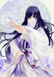 Rule 34 | 1girl, bell, blue hair, bug, butterfly, dress, expressionless, fighting stance, floral background, highres, insect, long hair, qinshi mingyue, sash, second-party source, shi lan (qin shi ming yue), solo, veil, white dress, xunlei jun