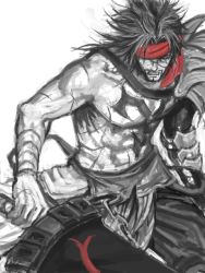 Rule 34 | 00s, 1boy, angry, arisue kanako, armor, bandages, chest tattoo, clenched teeth, facial hair, fighting stance, final fantasy, final fantasy x, headband, holding, holding weapon, jecht, long hair, looking at viewer, male focus, monochrome, muscular, red theme, sash, scar, solo, spot color, standing, tattoo, teeth, topless male, weapon