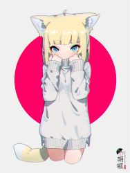 Rule 34 | 1girl, ahoge, animal ear fluff, animal ears, blonde hair, blue eyes, blush, chromatic aberration, commentary request, covered mouth, cropped legs, fox ears, fox girl, fox tail, grey background, hands up, highres, kuro-chan (kuro kosyou), kuro kosyou, long sleeves, looking at viewer, original, oversized clothes, red background, short eyebrows, sleeves past wrists, solo, sweater, tail, thick eyebrows, two-tone background, white sweater