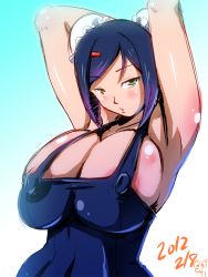 Rule 34 | 10s, 1girl, 2012, aq interactive, arcana heart, areola slip, armpits, arms up, atlus, bare shoulders, blue hair, breasts, dress, examu, female focus, green eyes, hair bun, huge breasts, mei-fang, naked overalls, new year, overalls, rickert kai, short hair, single hair bun, solo, upper body