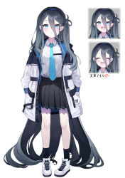 Rule 34 | 1girl, absurdly long hair, absurdres, ansan ey, aris (blue archive), black hair, black skirt, black socks, blue archive, blue eyes, collared shirt, commentary, commentary request, english commentary, expression chart, full body, hair between eyes, hands in pockets, highres, hood, hooded coat, hooded jacket, jacket, long hair, long sleeves, looking at viewer, mixed-language commentary, necktie, one side up, pleated skirt, pocket, school uniform, shirt, shoes, sidelocks, simple background, skirt, sneakers, socks, solo, standing, translation request, very long hair, white background, white footwear