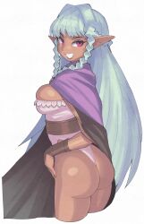 Rule 34 | 1girl, aqua hair, ass, braid, breasts, cloak, commentary, cropped legs, dark-skinned female, dark skin, eyelashes, highres, inkerton-kun, large breasts, leotard, long hair, looking back, pointy ears, purple cloak, red eyes, rosalinde (unicorn overlord), simple background, smile, solo, standing, strapless, strapless leotard, teeth, twin braids, unicorn overlord, very long hair, white background