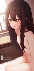 Rule 34 | 1girl, absurdres, blush, breasts, brown hair, collarbone, commentary, completely nude, english commentary, fang, flower-shaped pupils, genshin impact, hair between eyes, hair down, hamboobger, highres, hu tao (genshin impact), indoors, instagram username, long hair, looking at viewer, mixed-language commentary, nude, open mouth, pixiv username, red eyes, sitting, skin fang, small breasts, solo, symbol-shaped pupils, tongue