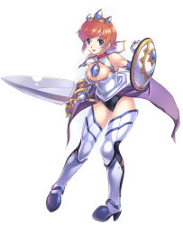 Rule 34 | 1girl, armor, armpits, blue eyes, boots, breasts, capelet, choker, cleavage, crown, elbow gloves, gauntlets, gloves, high heels, jewelry, large breasts, open mouth, pendant, red hair, shield, shoes, short hair, skirt, smile, solo, strap, sword, thigh boots, thighhighs, torn clothes, uchiu kazuma, weapon, zettai ryouiki