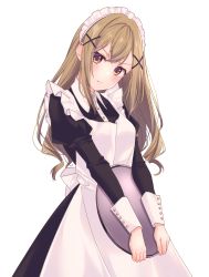 Rule 34 | 1girl, absurdres, alternate costume, alternate hairstyle, bang dream!, blonde hair, blush, breasts, brown eyes, cowboy shot, frown, hair ornament, head tilt, highres, holding, holding tray, ichigaya arisa, long hair, long sleeves, looking at viewer, maid, maid headdress, medium breasts, persimmon2, sidelocks, simple background, solo, standing, tray, white background, wing collar, x hair ornament
