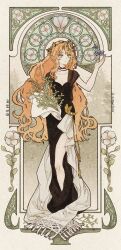 Rule 34 | 1girl, absurdres, art nouveau, artist name, black dress, bouquet, closed mouth, crescent, crescent hair ornament, dress, druvis iii, flower, full body, green eyes, hair ornament, hand up, highres, holding, holding bouquet, leaf hair ornament, long dress, long hair, looking to the side, mistletoe, orange hair, procreate (medium), reverse:1999, side slit, signature, solo, very long hair, white flower, zhuyingmiao