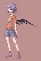 Rule 34 | 1girl, alternate costume, bad id, bad pixiv id, blue hair, casual, contemporary, female focus, full body, remilia scarlet, shirt, short hair, shorts, simple background, solo, t-shirt, touhou, vallenxgp, wings