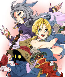Rule 34 | 3boys, bare shoulders, black mage (final fantasy), blonde hair, blue coat, blue eyes, coat, dagger, final fantasy, final fantasy ix, gloves, grey gloves, grey hair, hat, holding, holding dagger, holding knife, holding staff, holding weapon, knife, kuja, long hair, looking at another, low ponytail, multiple boys, purple nails, red gloves, serieru (summertosuika), signature, smile, staff, vivi ornitier, weapon, wizard hat, yellow eyes, zidane tribal