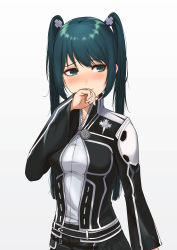 Rule 34 | 1girl, absurdres, black jacket, black order uniform, blue hair, blush, breasts, closed mouth, d.gray-man, dress shirt, gradient background, green eyes, highres, jacket, lenalee lee, long hair, long sleeves, looking away, open clothes, open jacket, shirt, small breasts, solo, stock-world, twintails, upper body, white background, white shirt