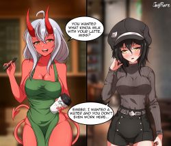 Rule 34 | 2girls, absurdres, apron, black hair, breasts, colored skin, demon girl, demon horns, demon tail, ember (jay flare), eye contact, female focus, highres, horns, iced latte with breast milk (meme), jay flare, large breasts, looking at another, looking at viewer, lying, lyra (jay flare), medium breasts, meme, midriff, multiple girls, pointy ears, red skin, starbucks, swimsuit, tail, white hair