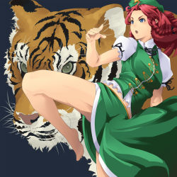 Rule 34 | 1girl, barefoot, blue eyes, braid, breasts, chinese clothes, embodiment of scarlet devil, feet, female focus, fighting stance, hat, hong meiling, kicking, long hair, mikanbako, red hair, skirt, solo, tiger, touhou, twin braids