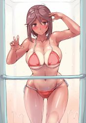 Rule 34 | 1girl, against glass, aged up, bikini, blush, breast press, breasts, breasts on glass, brown eyes, brown hair, cleavage, curvy, female focus, groin, indoors, large breasts, looking at viewer, navel, rozen maiden, short hair, showering, side-tie bikini bottom, sideboob, smile, solo, souseiseki, swimsuit, tan, tanline, tsuda nanafushi, underboob, wet