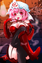 Rule 34 | 1girl, bare shoulders, bdsm, blush, boots, breasts, cleavage, dominatrix, elbow gloves, gloves, highres, large breasts, licking, looking at viewer, nagii yuki, pink eyes, pink hair, red gloves, riding crop, saigyouji yuyuko, short hair, solo, thighhighs, touhou, triangular headpiece, weapon, whip
