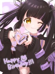Rule 34 | 1girl, black hair, black shirt, blunt bangs, blush, breasts, closed mouth, commentary request, crop top, cross-laced clothes, cross-laced sleeves, demon girl, demon horns, happy birthday, heart, heart hands, heart print, highres, horns, jacket, jewelry, kino haruc, kojo anna, kojo anna (1st costume), long hair, long sleeves, looking at viewer, medium breasts, multicolored hair, nanashi inc., one eye closed, pointy ears, print shirt, purple hair, ring, russian text, shirt, sleeveless, sleeveless shirt, smile, solo, sugar lyric, twintails, two-tone hair, upper body, virtual youtuber, yellow eyes