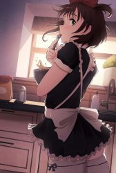 Rule 34 | 1girl, absurdres, apron, baking, black dress, bow, breasts, brown hair, commentary, commission, dress, flour, frills, green eyes, gueya, hair bow, highres, hiroishi rin, indoors, kitchen, looking at viewer, looking back, maid, maid apron, red bow, sink, solo, spoon, standing, tasting, thighhighs, utensil in mouth, white thighhighs, window, zettai shougeki