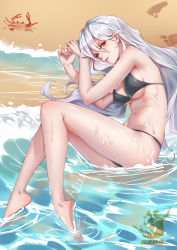 Rule 34 | 1girl, absurdres, aluo 7762, bare arms, bare legs, bare shoulders, barefoot, beach, bikini, black bikini, breasts, character request, copyright request, crab, footprints, hair between eyes, highres, long hair, looking at viewer, medium breasts, navel, parted lips, red eyes, silver hair, solo, stomach, swimsuit, thighs, very long hair, water, wet