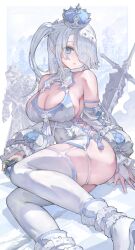 Rule 34 | 1girl, armor, bare shoulders, blue eyes, breasts, cleavage, closed mouth, covered navel, cross, cross earrings, crown, detached sleeves, earrings, eyes visible through hair, food, fruit, hair over one eye, highres, holding, holding food, holding fruit, jewelry, large breasts, looking at viewer, open mouth, original, side ponytail, sword, thighhighs, voruvoru, weapon, white sleeves, white thighhighs