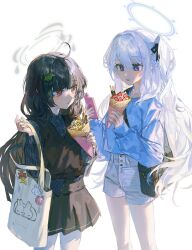 Rule 34 | 2girls, ahoge, alternate costume, bag, black hair, black skirt, black vest, blue archive, blue shirt, blush, casual, cellphone, commentary, crepe, english commentary, feet out of frame, food, grey hair, hair ornament, halo, highres, holding, holding food, holding phone, leaf hair ornament, long hair, looking at another, looking at phone, miyako (blue archive), miyu (blue archive), multiple girls, one side up, phone, purple eyes, quasarcake, red eyes, shirt, shorts, simple background, skirt, straight hair, tote bag, very long hair, vest, white background, white shorts