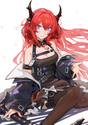 Rule 34 | 1girl, absurdres, arknights, armband, bare shoulders, black dress, black jacket, black thighhighs, breasts, cleavage, commentary request, dress, feet out of frame, hair between eyes, highres, horns, jacket, long hair, long sleeves, looking at viewer, medium breasts, off shoulder, piao miao, purple eyes, red hair, short dress, simple background, sitting, solo, surtr (arknights), thigh strap, thighhighs, very long hair, white background