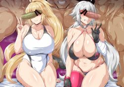 Rule 34 | 2girls, 3boys, bandaged arm, bandages, bar censor, bed sheet, bikini, black bikini, black gloves, blonde hair, blush, breasts, censored, choker, cleavage, clenched teeth, closed mouth, clothed female nude male, condom, condom on penis, covered navel, fate/grand order, fate (series), gloves, grey hair, hetero, identity censor, jeanne d&#039;arc (swimsuit archer) (second ascension) (fate), jeanne d&#039;arc alter (fate), jeanne d&#039;arc alter (swimsuit berserker) (fate), large breasts, long hair, multiple boys, multiple girls, multiple penises, muscular, muscular male, navel, nude, o-ring, o-ring bikini, one-piece swimsuit, parted lips, penis, penis on face, penis over eyes, pink thighhighs, saintshiro, single thighhigh, sitting, smile, sweat, swimsuit, teeth, thighhighs, v, very long hair, white one-piece swimsuit