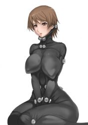 Rule 34 | 1girl, arms under breasts, artist request, bodysuit, breasts, brown eyes, brown hair, female focus, gantz, gantz suit, groin, hands on own hips, holster, kishimoto kei, large breasts, looking to the side, matching hair/eyes, parted lips, shiny clothes, short hair, simple background, sitting, skin tight, solo, thighs, turtleneck, white background, wide hips