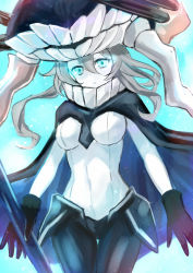 Rule 34 | 10s, 1girl, abyssal ship, aqua background, aqua eyes, bad id, bad pixiv id, black gloves, bodysuit, cape, cowboy shot, gloves, glowing, glowing eyes, harimoji, headgear, kantai collection, looking at viewer, pale skin, short hair, short hair with long locks, silver hair, solo, staff, tentacles, wo-class aircraft carrier