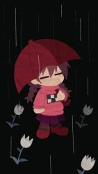 Rule 34 | 1girl, animated, animated gif, arm at side, black background, black socks, braid, brown hair, clenched hand, closed eyes, closed mouth, cryptidhermit, flower, full body, highres, holding, holding umbrella, long hair, long sleeves, looping animation, madotsuki, no mouth, pink sweater, pleated skirt, purple skirt, rain, red footwear, red umbrella, skirt, socks, solo, sweater, tulip, twin braids, umbrella, white flower, white tulip, yume nikki