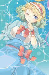 Rule 34 | alice margatroid, arnest, bad id, bad twitter id, blonde hair, blue dress, blue eyes, blush, bow, bowtie, capelet, dress, hairband, hand on own chin, lolita hairband, looking to the side, one eye closed, partially submerged, red bow, red sash, sash, shirt, short hair, short sleeves, smile, solo, sparkle, touhou, water, water drop, wet, white capelet, white shirt, wristband