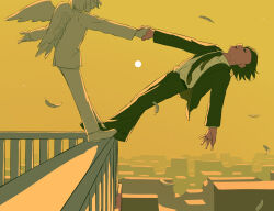 Rule 34 | 2boys, absurdres, angel, angel wings, atmospheric perspective, avogado6, backlighting, black hair, black necktie, black suit, cityscape, closed eyes, collared shirt, colored skin, commentary, dancing, dress shirt, falling feathers, feathers, formal, haze, head out of frame, highres, holding hands, imminent suicide, leaning back, ledge, loafers, long sleeves, monochrome background, multiple boys, necktie, on railing, original, railing, salaryman, shirt, shoes, short hair, smile, suit, surreal, white hair, white skin, white suit, wings, yellow background