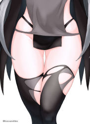 Rule 34 | 1girl, arknights, black cape, black loincloth, black thighhighs, cape, commentary request, fundoshi, grey background, groin, highres, japanese clothes, ke-su, legs, loincloth, lower body, simple background, solo, thighhighs, thighs, tomimi (arknights), torn clothes, torn thighhighs