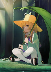Rule 34 | 1girl, blonde hair, casterluex, commentary request, forest, full body, highres, holding, holding leaf, indian style, leaf, long hair, long sleeves, looking at viewer, moriya suwako, nature, outdoors, parted lips, purple skirt, purple vest, sandals, sitting, skirt, solo, thighhighs, touhou, tree, turtleneck, vest, white thighhighs, wide sleeves, yellow eyes, yellow headwear