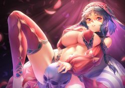 Rule 34 | 1girl, absurdres, bare shoulders, blue hair, blush, braid, breasts, clothing cutout, covered erect nipples, earrings, fate/grand order, fate (series), gold, hair ornament, hairclip, highres, huge filesize, itaco, jewelry, knee up, large breasts, leggings, looking at viewer, midriff, mole, mole on breast, navel, parted bangs, parted lips, purple eyes, revealing clothes, ring, salome (fate), short hair with long locks, shoulder cutout, side braid, smile, stomach, thighhighs, underboob, veil