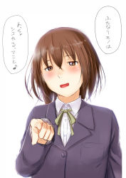 Rule 34 | 1girl, blue jacket, blush, brown eyes, brown hair, hair between eyes, highres, jacket, long sleeves, looking at viewer, matching hair/eyes, musical note, niwatazumi, open mouth, original, pointing, pointing at viewer, ribbon, school uniform, short hair, solo, spoken musical note, text focus, translation request, white background