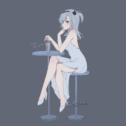 Rule 34 | 1girl, alternate costume, bare shoulders, black background, blue eyes, breasts, cup, dress, drink, drinking glass, emia wang, from side, full body, high heels, kantai collection, long hair, medium breasts, one eye closed, silver hair, simple background, sitting, solo, suzutsuki (kancolle), translation request, white dress, white footwear
