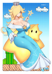 1girl alternate_breast_size bare_shoulders blonde_hair blue_background blue_dress blue_eyes blue_footwear blue_nails border breasts cleavage collarbone crown dress gradient_background hair_over_one_eye high_heels holding holding_wand large_breasts long_sleeves luma_(mario) mario_(series) nail_polish nintendo rosalina sitting super_mario_galaxy virus-g wand warp_pipe white_border