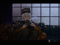 Rule 34 | 1boy, artist name, black border, black hat, black pants, blonde hair, border, brown eyes, bush, cold, cowboy shot, cup, earrings, hair between eyes, hat, highres, holding, holding cup, illumi999, indoors, jewelry, light blush, light particles, looking down, male focus, night, on bench, original, pants, ring, sidelocks, sitting, solo, window