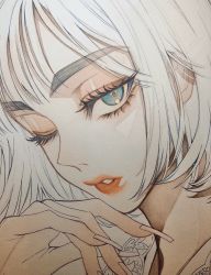 Rule 34 | 1girl, blue eyes, commentary request, eyelashes, fingernails, highres, lips, looking at viewer, nail polish, one eye closed, original, painting (medium), parted lips, portrait, remon (10112), solo, traditional media, watercolor (medium), white hair, white nails