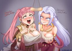 Rule 34 | breasts, cleavage, clenched teeth, dancer (fire emblem: three houses), dress, earrings, edelgard von hresvelg, fire emblem, fire emblem: three houses, grabbing own breast, grey hair, hilda valentine goneril, holding pendulum, huge breasts, hypnosis, jewelry, large breasts, mind control, nettleseeds, nintendo, pendulum, pink hair, resistance, ringed eyes, saliva, skirt, teeth, tongue, tongue out, twintails