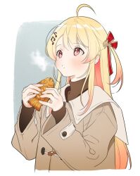 Rule 34 | 1girl, ahoge, blonde hair, brown coat, brown sweater, coat, cold, food, fortissimo, hair ornament, hair ribbon, hololive, hololive dev is, musical note, musical note hair ornament, otonose kanade, red eyes, ribbon, sweater, taiyaki, virtual youtuber, visible air, wagashi, winter clothes, zeroperpect