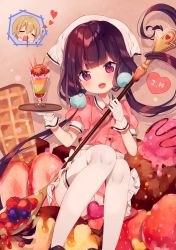 Rule 34 | 1boy, 1girl, :d, ana (rznuscrf), apron, blend s, blood, blueberry, blush, closed eyes, collared shirt, commentary request, dated, dino (blend s), food, frilled apron, frills, fruit, gloves, hair between eyes, head scarf, head tilt, heart, holding, holding spoon, holding tray, ice cream, light brown hair, long hair, looking at viewer, nosebleed, open mouth, oversized object, parfait, pink shirt, pink skirt, puffy short sleeves, puffy sleeves, purple eyes, purple hair, raspberry, sakuranomiya maika, shirt, short sleeves, sitting, skirt, smile, spoon, stile uniform, strawberry, thighhighs, tray, uniform, very long hair, waffle, waist apron, waitress, white apron, white gloves, white thighhighs