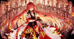 Rule 34 | 1girl, :d, asymmetrical clothes, bai qi-qsr, black gloves, blonde hair, coat, cowboy shot, elesis (elsword), elsword, fire, flame lord (elsword), gloves, hair over one eye, long hair, looking at viewer, multicolored hair, open mouth, red eyes, red hair, single pantsleg, smile, solo, sword, tattoo, weapon, white coat