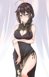 Rule 34 | 1girl, absurdres, ahoge, alternate costume, bare shoulders, black hair, blue eyes, blush, braid, breasts, china dress, chinese clothes, cleavage, cleavage cutout, clothing cutout, cowboy shot, dress, hair flaps, hair ornament, hair over shoulder, heart cutout, highres, kantai collection, large breasts, long hair, looking at viewer, saku (kudrove), shigure (kancolle), shigure kai ni (kancolle), single braid, solo, thighs, x hair ornament