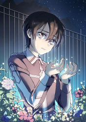 Rule 34 | 1boy, absurdres, black eyes, black hair, crying, crying with eyes open, flower, highres, kirito, male focus, military, military uniform, nauxii, night, outdoors, sky, solo, star (sky), starry sky, sword art online, sword art online: alicization, tears, uniform, upper body, white flower