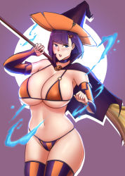 Rule 34 | 1girl, absurdres, ballpoint pen (medium), bikini, blue eyes, breasts, broom, candy hair ornament, cleavage, food-themed hair ornament, ganzu, graphite (medium), hair ornament, halloween, hat, highres, large breasts, navel, original, purple hair, short hair, solo, swimsuit, thighs, traditional media, witch, witch hat